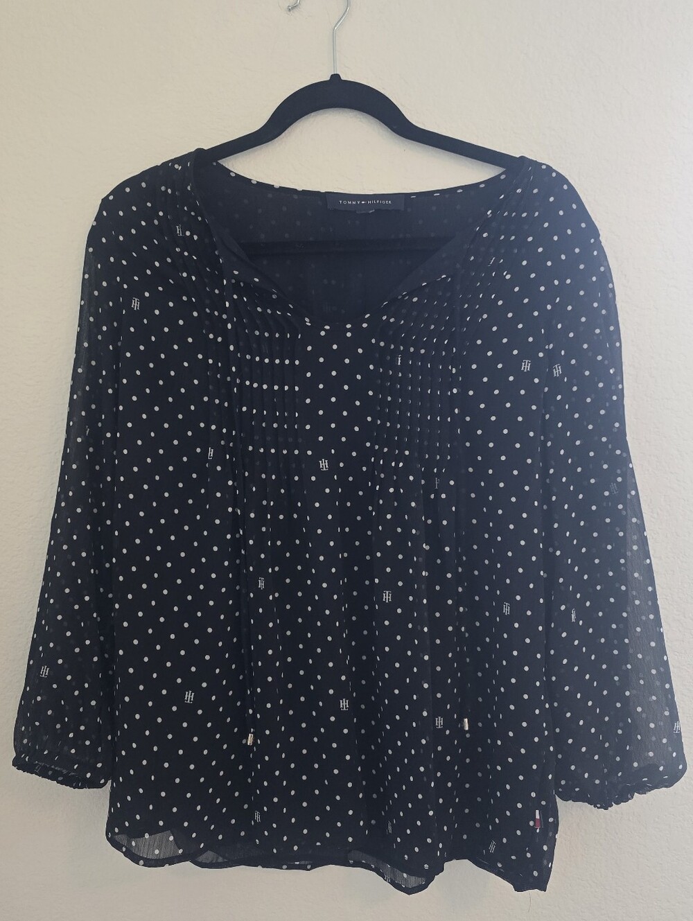 3/4 Blue + White Polka Dot Pintuck Tommy Hilfiger Blouse